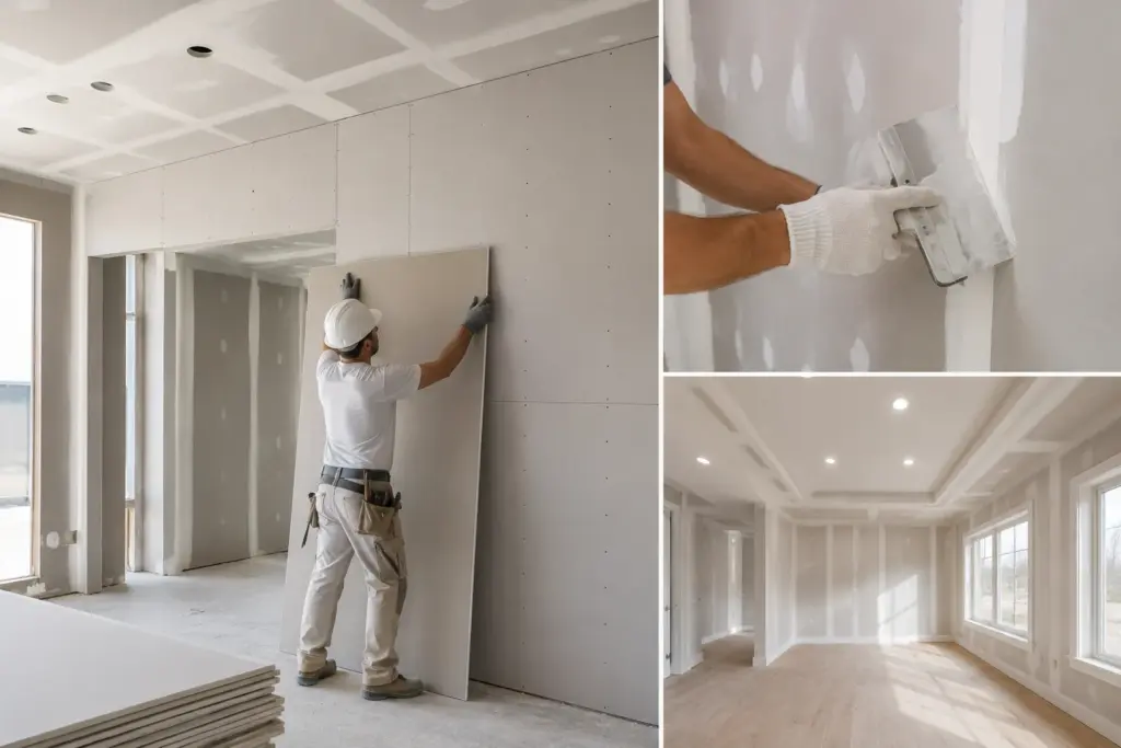 Drywall installation and repair worker installing drywall panels and applying joint compound in a residential interior.