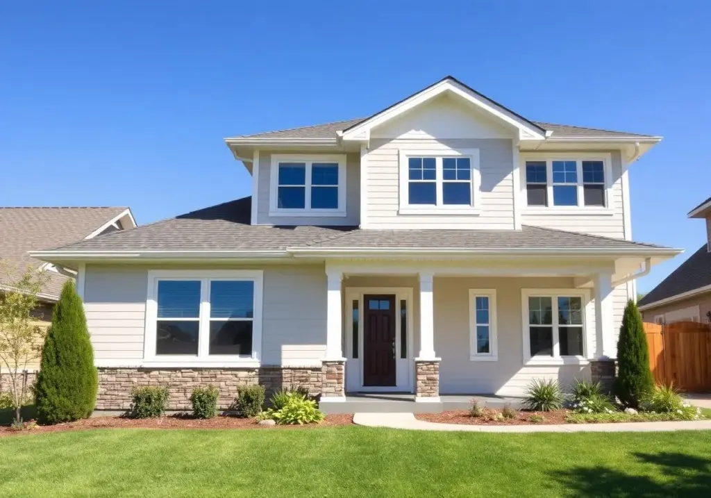 A beautiful Kansas City home featuring fresh exterior painting, light siding with crisp white trim, and stone accents to boost curb appeal.