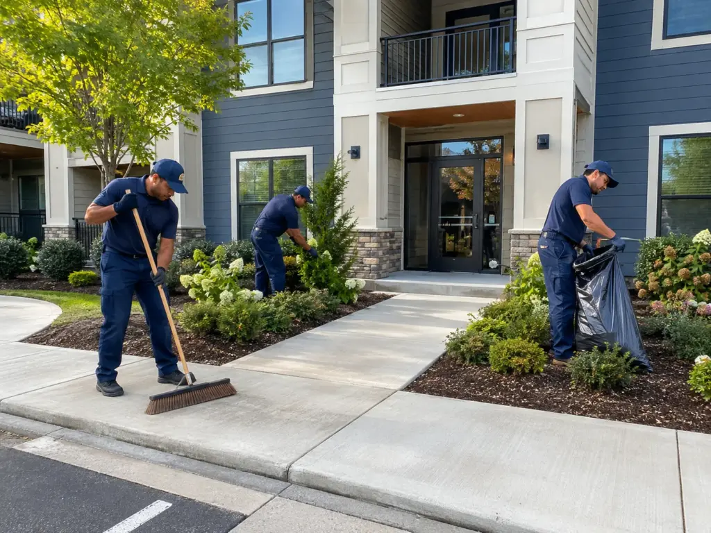 Maintenance crew cleaning and preparing the exterior entrance and landscaping of a modern rental property for new tenants.
