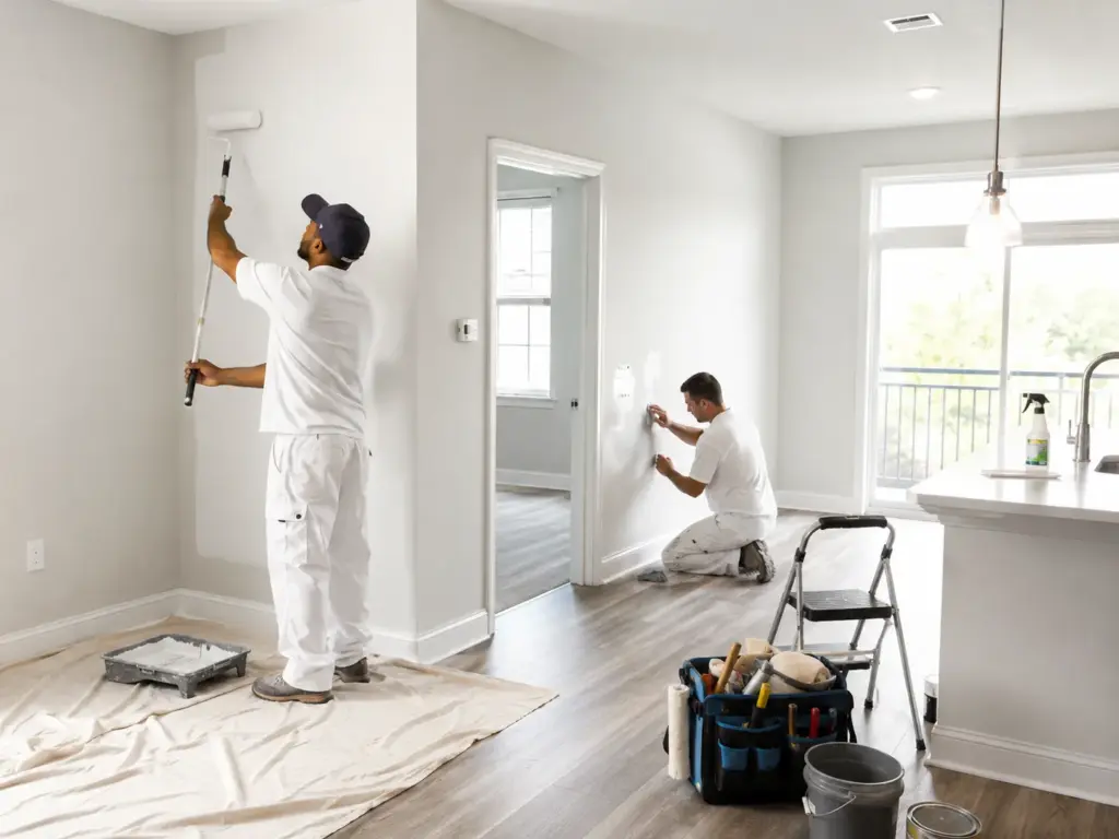Professional crew painting walls and completing drywall touch-ups inside a bright rental property during a make-ready service.