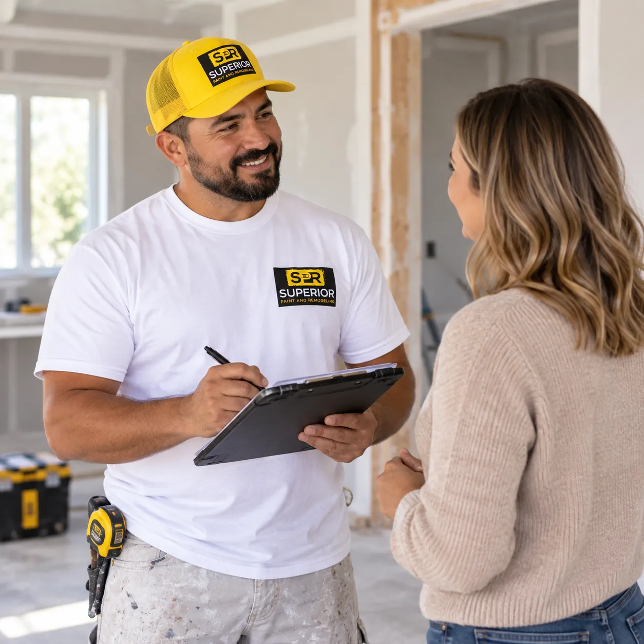 Superior Paint and Remodeling contractor discussing a home renovation project with a homeowner during an in-home consultation.