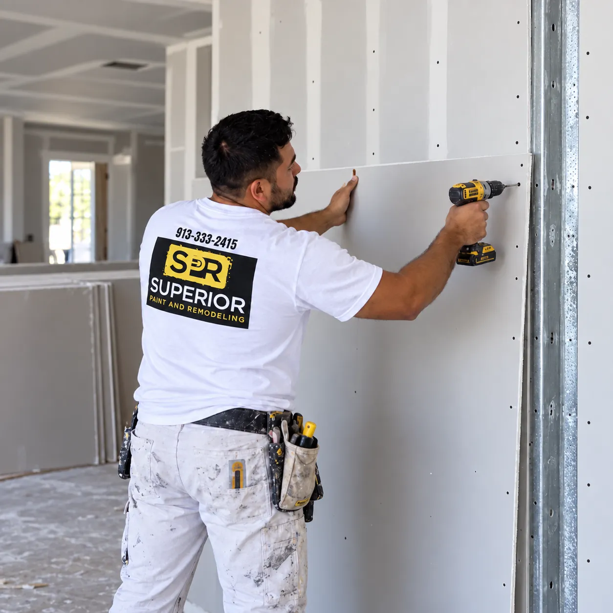 Contractor installing drywall inside a home while wearing a Superior Paint and Remodeling branded work shirt.
